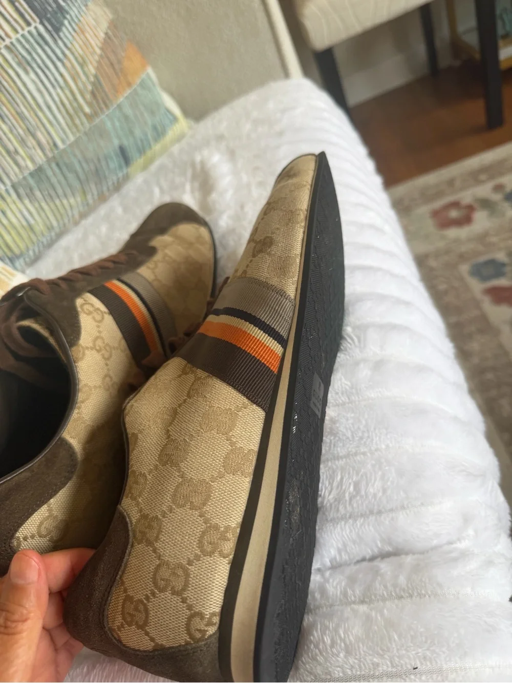 Gucci Brown/Beige Logo Canvas & Suede Athletic Sneakers with Orange Stripe